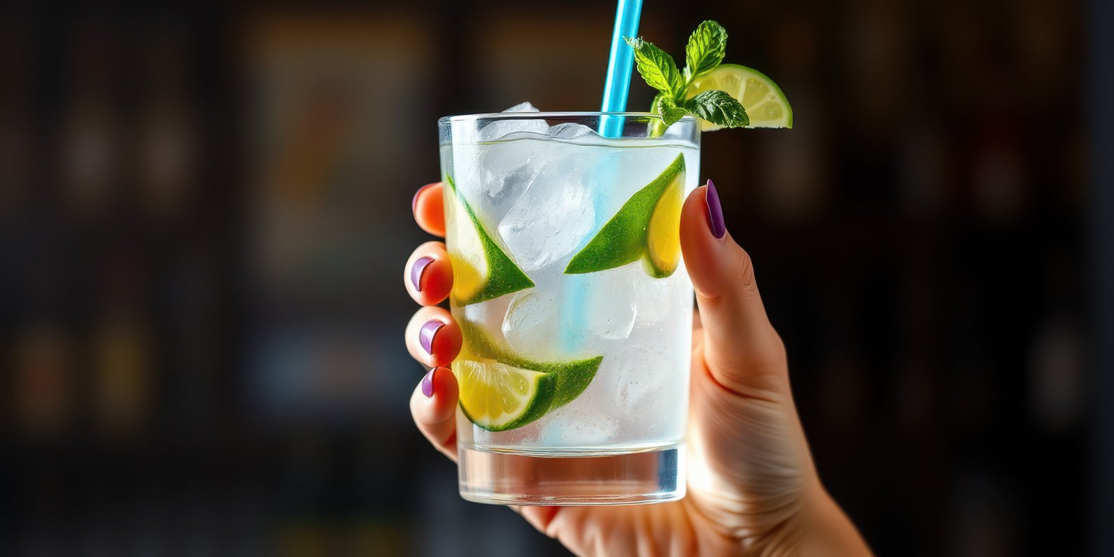 Refreshing cocktail with mint and lime in a hand at a vibrant bar setting during evening hours
